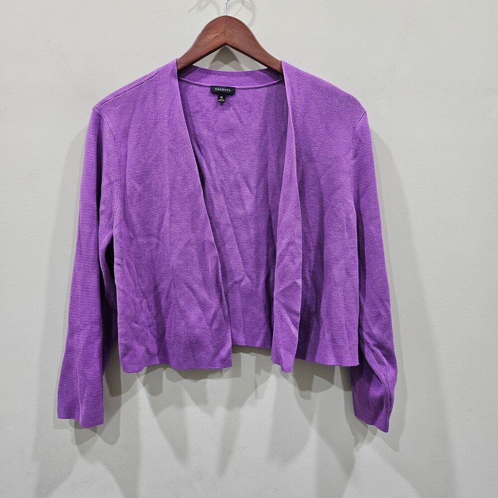 Talbots Women Ribbed Knit Cropped Cardigan XL Purple Open Feminine Cottagecore